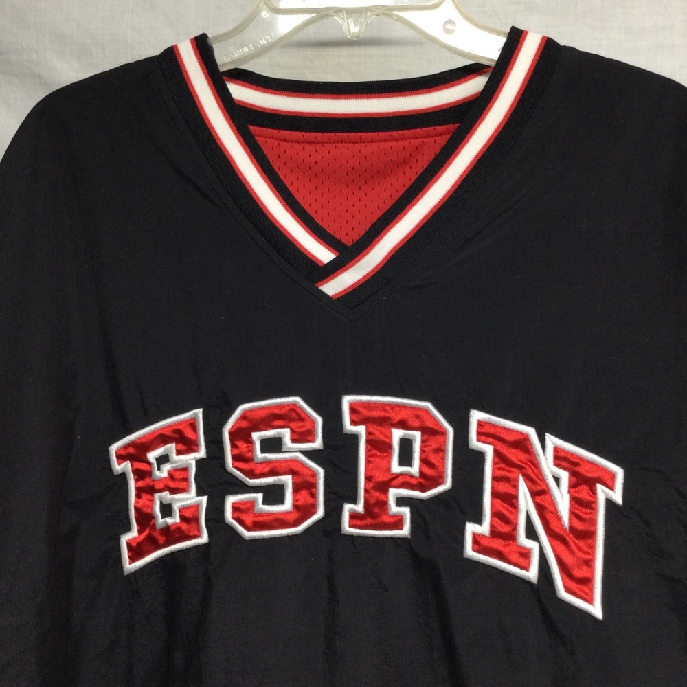 ESPN VTG Mens Black Red Reversible V-Neck Pullover Windbreaker Jacket Sz XXL - Picture 2 of 11
